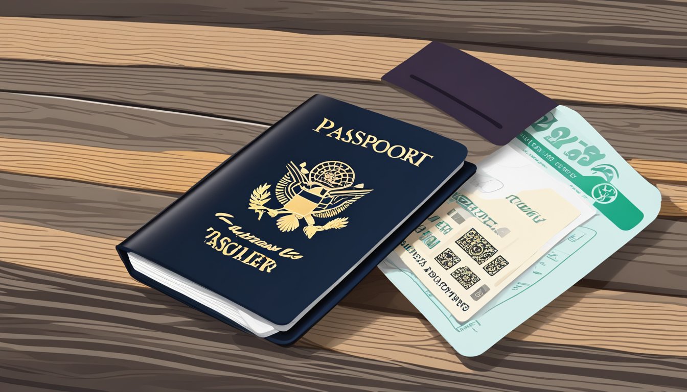 A passport holder sits on a wooden table, with a passport and boarding pass tucked neatly inside. The holder is branded with the Practical Considerations for Travellers logo
