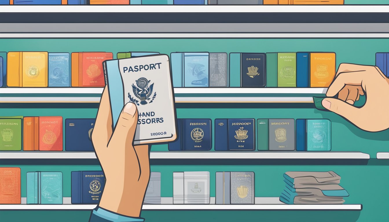 A hand reaches for a branded passport holder on a store shelf. Various designs and colors are displayed, with price tags visible