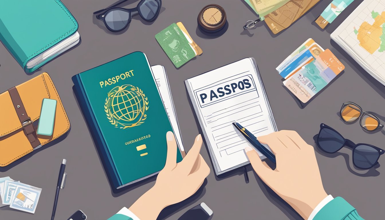 A hand reaches for a Frequently Asked Questions branded passport holder on a desk, surrounded by travel essentials