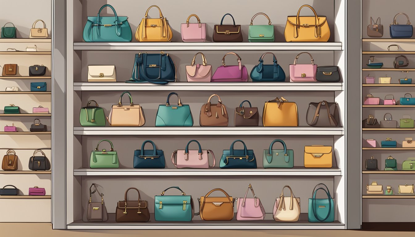 A display of luxury designer purses arranged neatly on shelves, with a sign reading "Frequently Asked Questions" above them