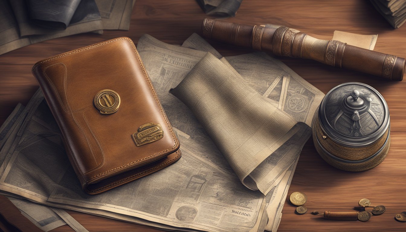 Luxury logos on vintage items, like a worn leather wallet and a silk scarf, displayed on an antique table with a faded newspaper in the background