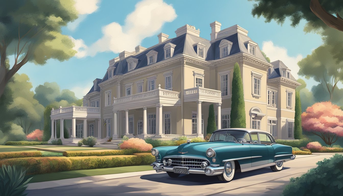 A grand mansion with classic architecture, surrounded by lush gardens and vintage luxury cars parked in the driveway