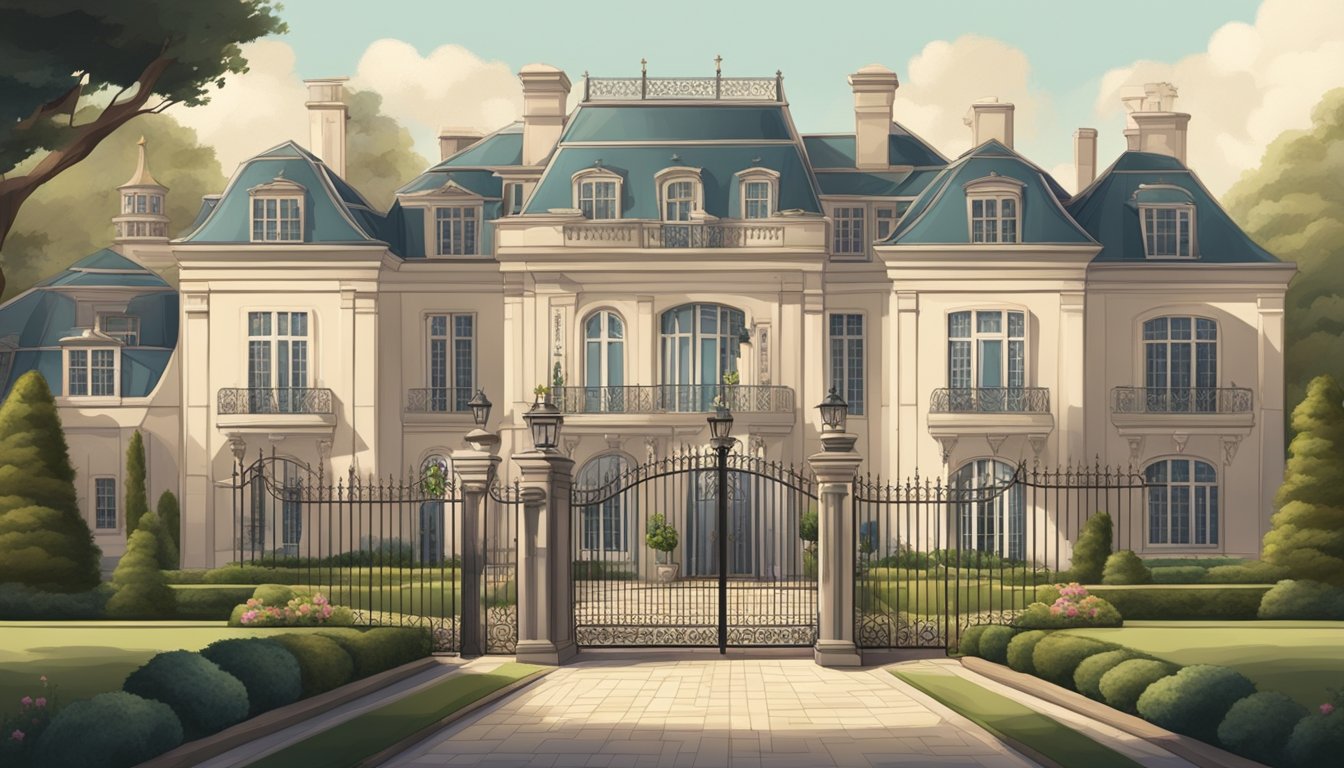 A grand mansion with vintage luxury cars parked in the driveway, surrounded by well-manicured gardens and a wrought-iron gate bearing the family crest