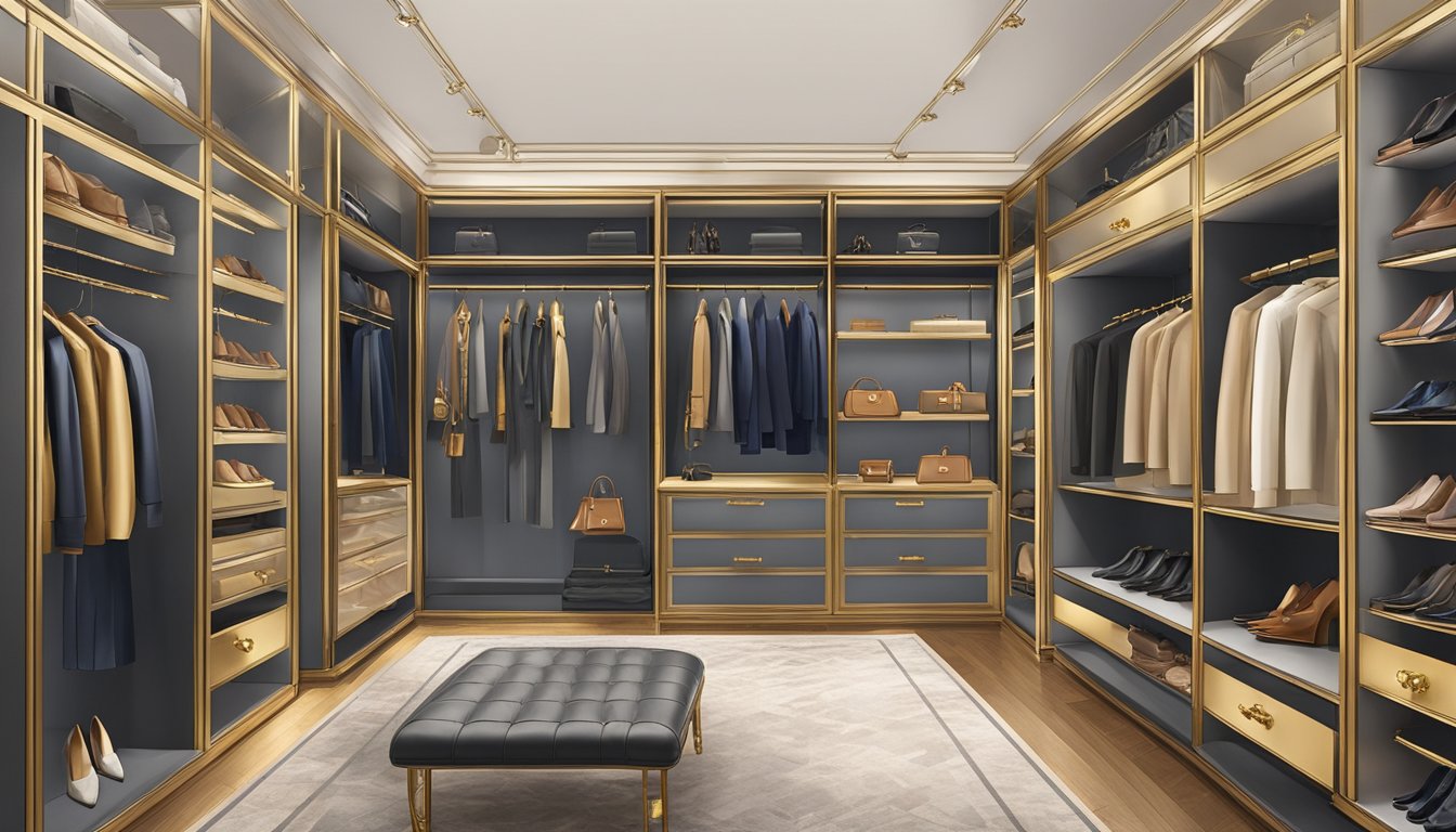 Luxurious old money brands' fashion: silk scarves, leather loafers, tailored suits, pearl necklaces, and designer handbags displayed in a grand walk-in closet with velvet-lined shelves and gold-plated hangers