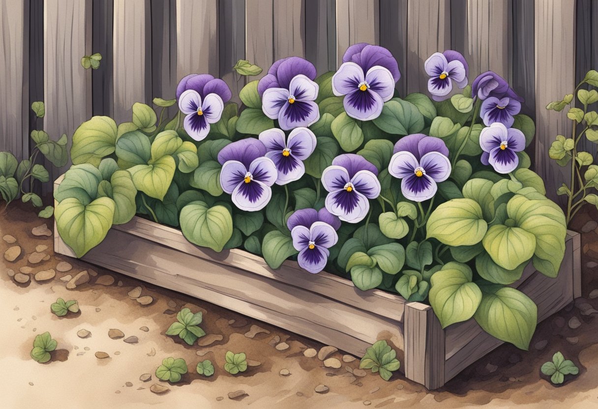 Wilting viola plants in a neglected garden bed, surrounded by dry soil and wilting leaves