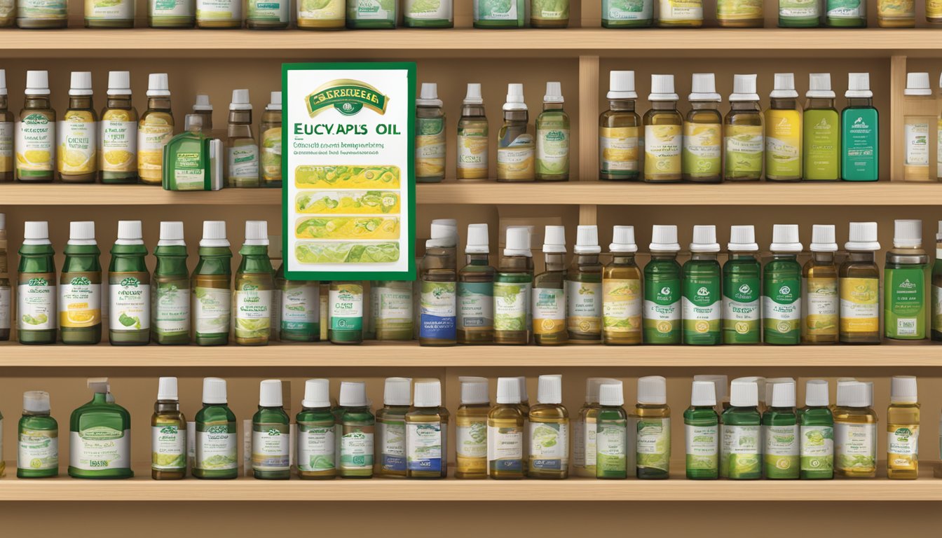 A display of Eagle Brand Eucalyptus Oil variants with clear labels and availability signage
