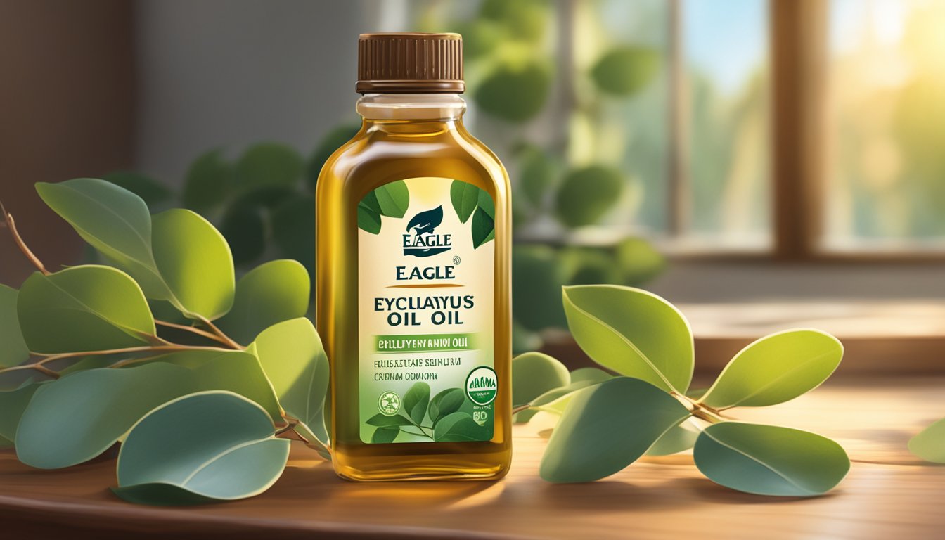 A bottle of Eagle Brand eucalyptus oil sits on a wooden table, surrounded by fresh eucalyptus leaves and a soft, warm glow of sunlight streaming in through a nearby window