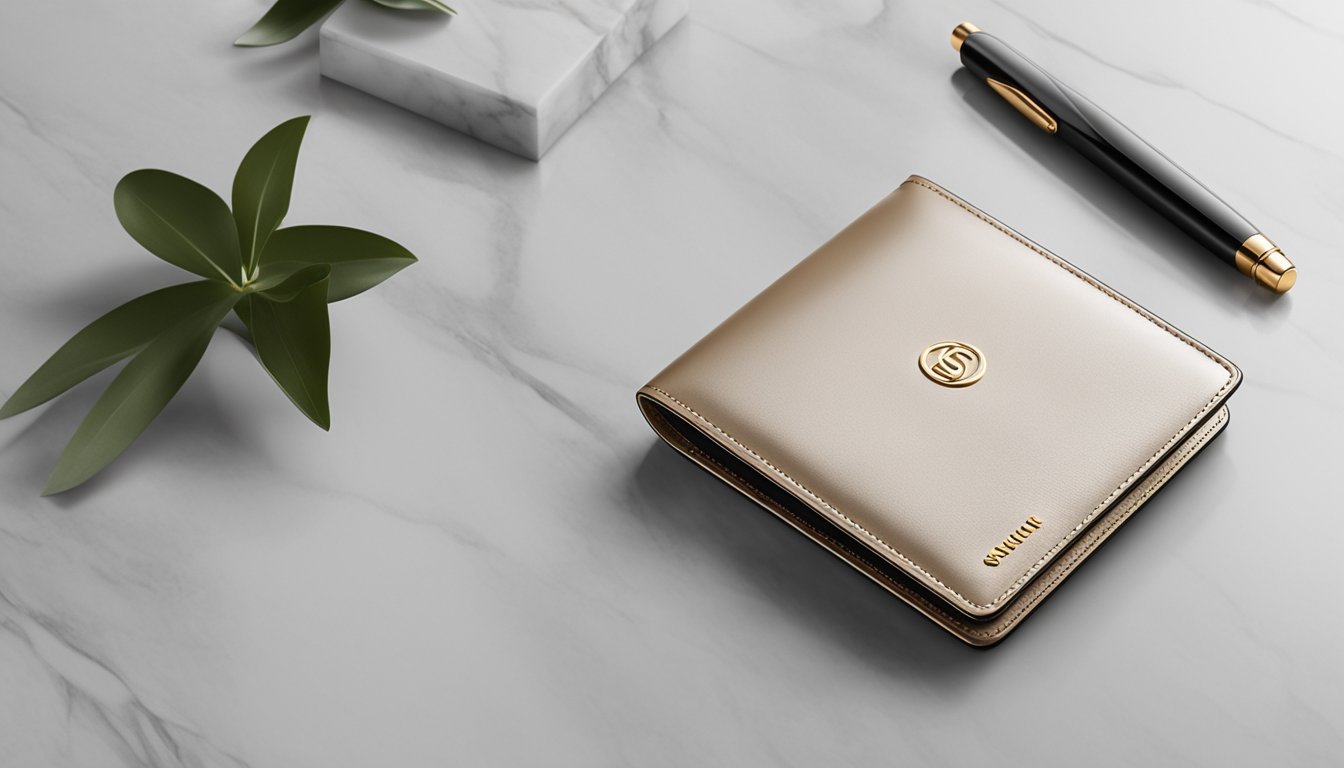 A sleek, branded wallet rests on a marble countertop in a high-end boutique in Singapore. The wallet features a minimalist design with the brand's logo subtly embossed on the front