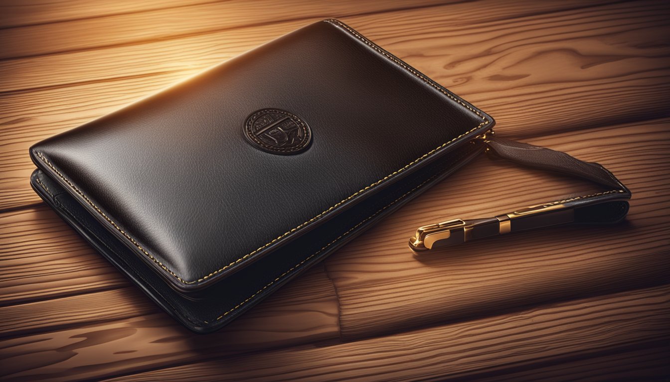 A leather wallet sits open on a wooden table, revealing its sleek design and branded logo. The warm lighting highlights the luxurious texture and craftsmanship of the wallet