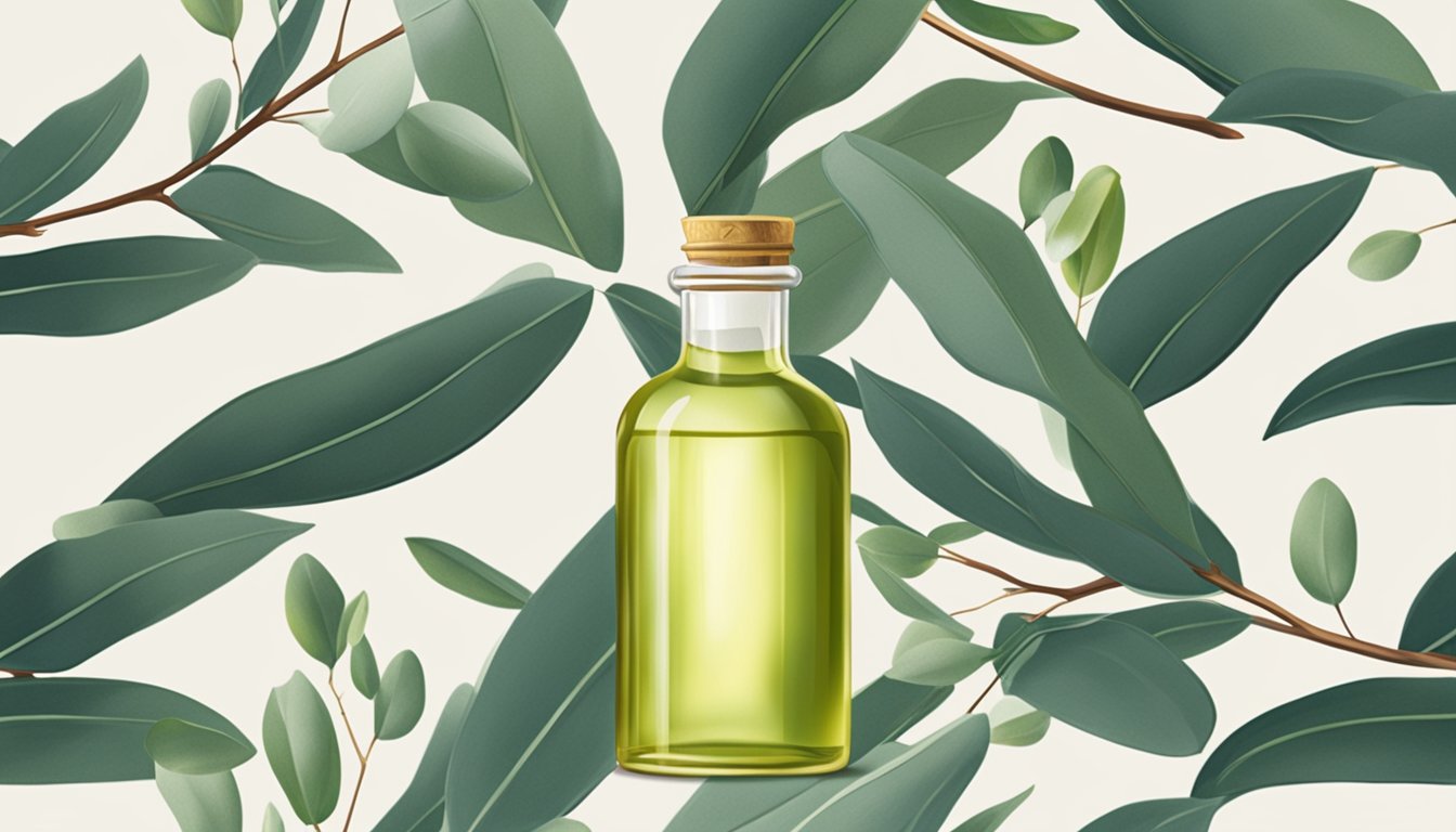 A clear glass bottle of Eagle Brand eucalyptus oil with a vibrant, fresh eucalyptus leaf and branch next to it. The label is bold and professional, showcasing the high-quality of the product