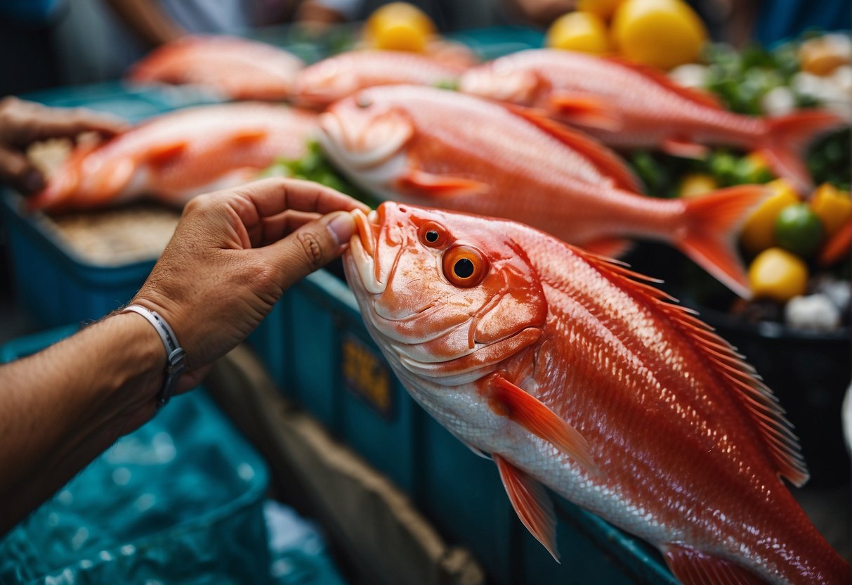 A hand reaches for a fresh red snapper at a bustling fish market, surrounded by vibrant seafood and bustling activity