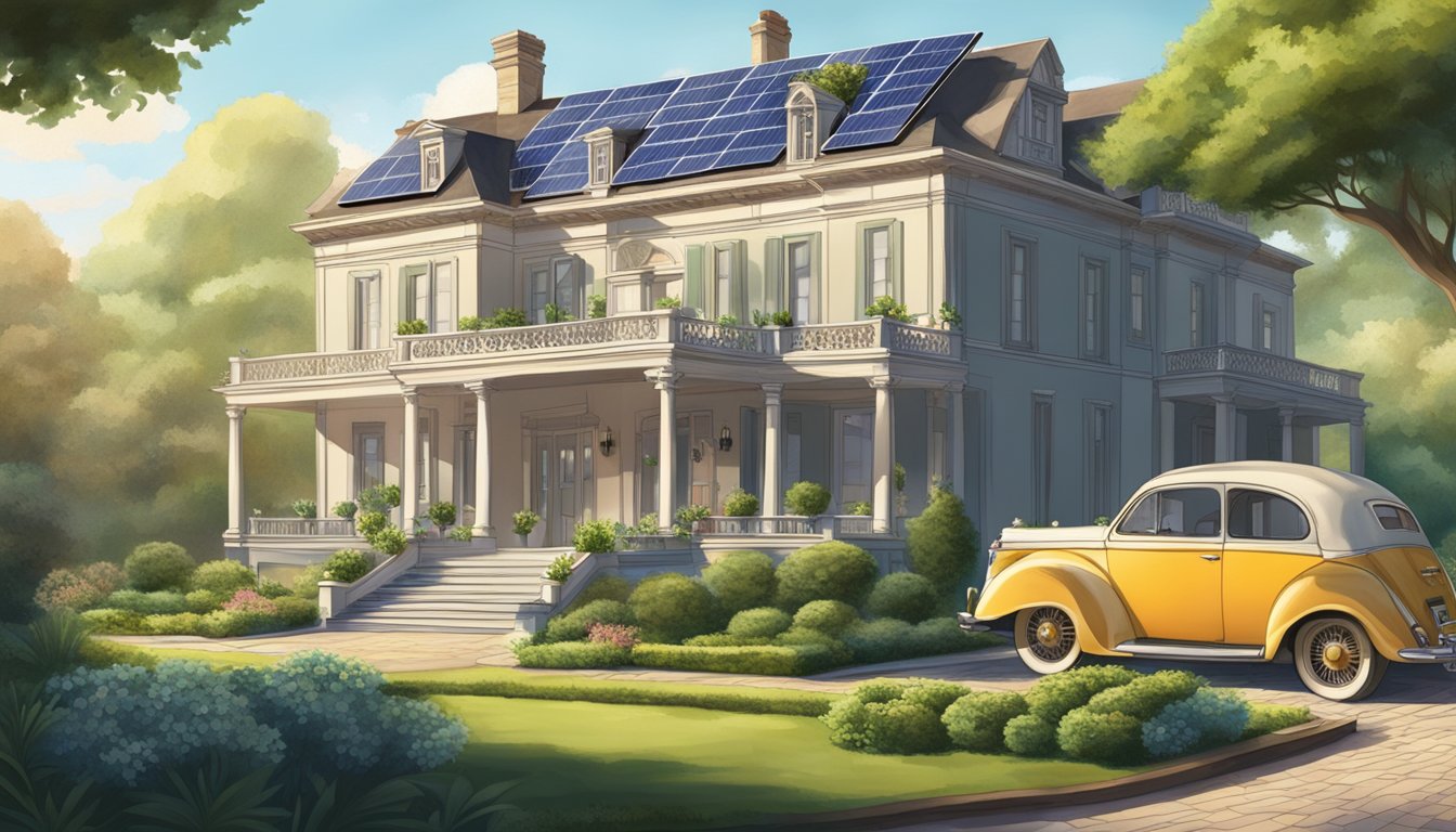 A grand old mansion with a vintage car parked out front, surrounded by lush gardens and solar panels on the roof