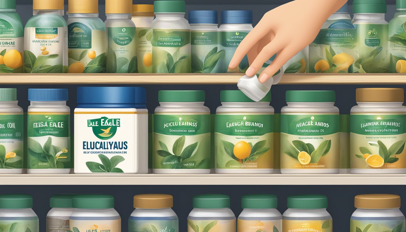 A hand reaches for a bottle of Eagle Brand Eucalyptus Oil on a shelf, with a sign indicating purchasing options and savings