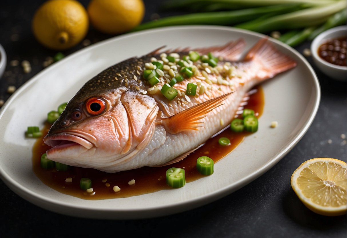 A whole red snapper lying on a bed of sliced ginger and scallions, with a drizzle of soy sauce and sesame oil, ready to be steamed