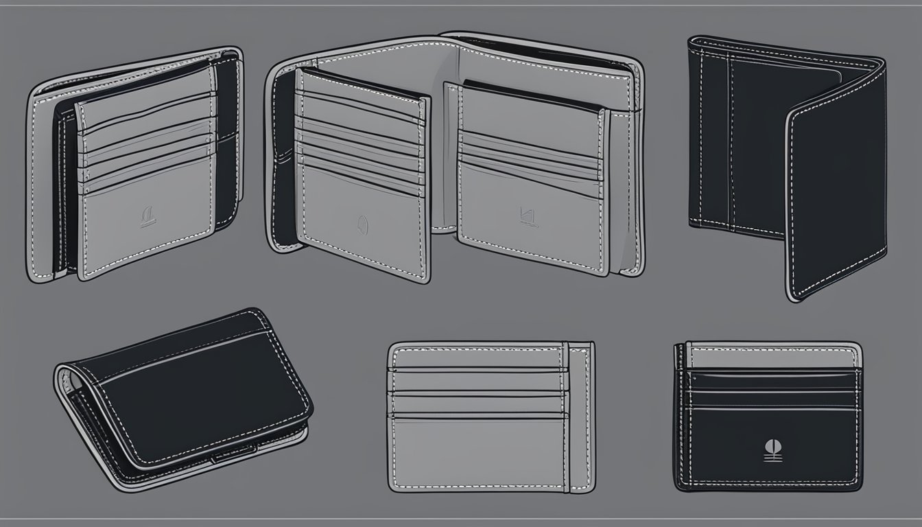 A sleek, black leather wallet with multiple card slots, a zippered coin pocket, and a clear ID window. The wallet is embossed with the brand's logo and features a sturdy, metal clasp closure