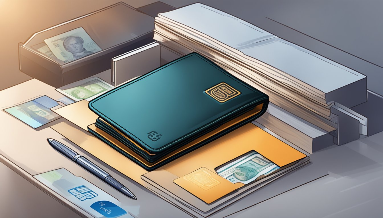 A branded wallet lies open on a sleek table, with currency and cards neatly arranged inside. The logo is prominently displayed, catching the light