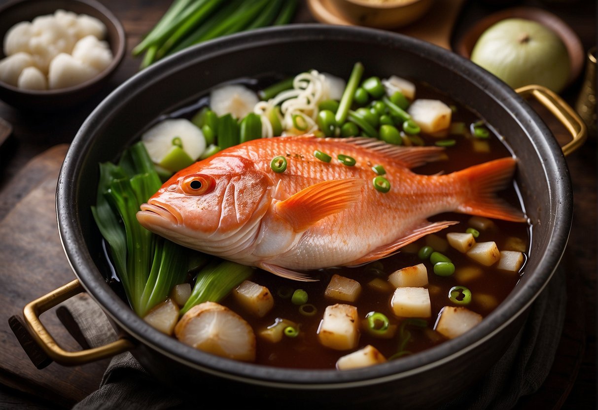 A whole red snapper, topped with ginger, scallions, and soy sauce, is placed on a bamboo steaming rack over a pot of boiling water