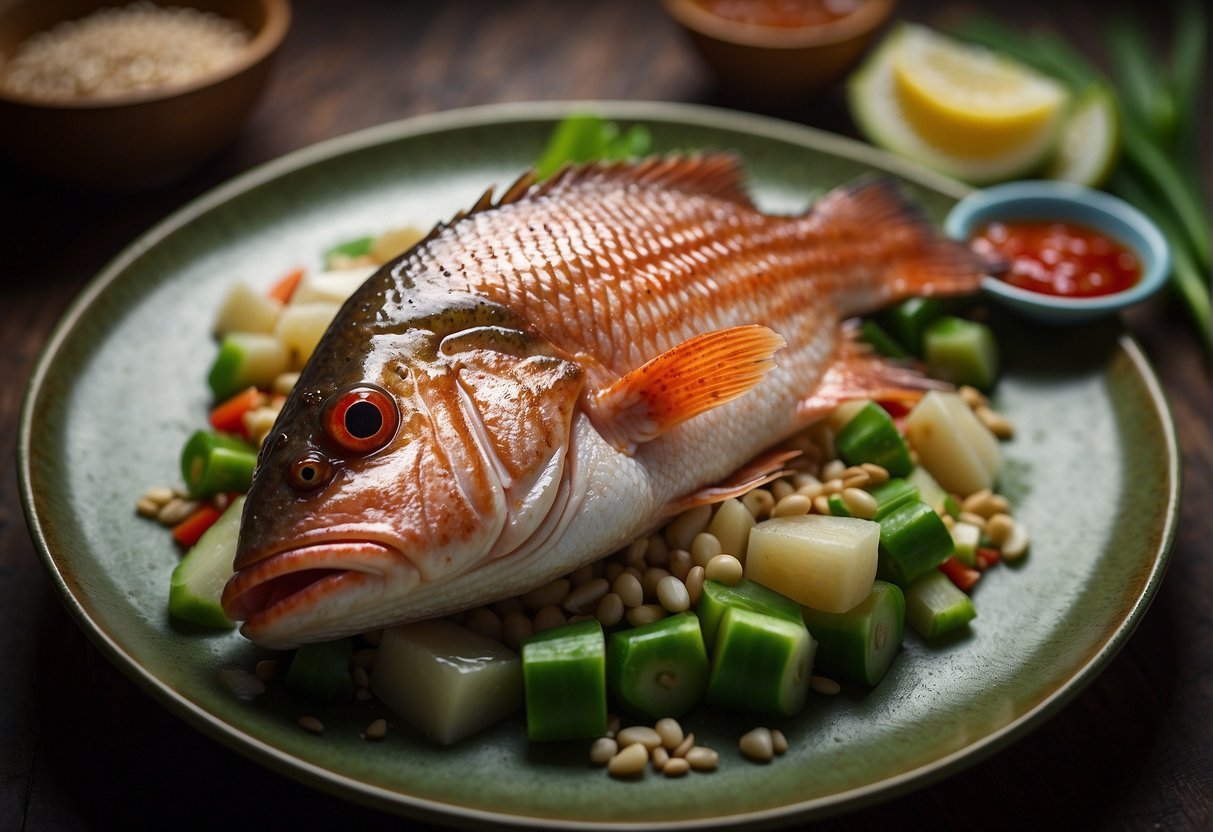 A whole red snapper rests on a bed of ginger and scallions, surrounded by a drizzle of soy sauce and sesame oil, ready for steaming