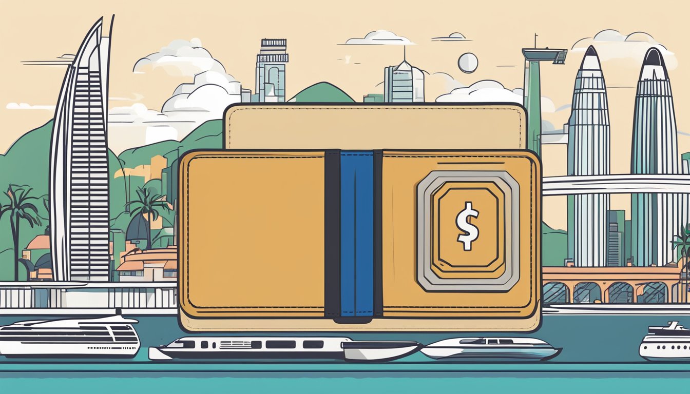 A sleek, modern wallet with the "Frequently Asked Questions" logo prominently displayed, set against a backdrop of iconic Singapore landmarks