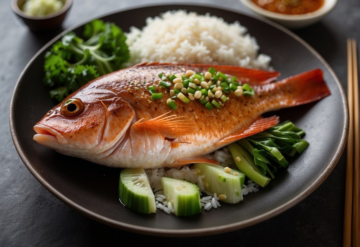 A whole red snapper steamed with ginger, scallions, and soy sauce. Served with a side of steamed bok choy and a bowl of white rice