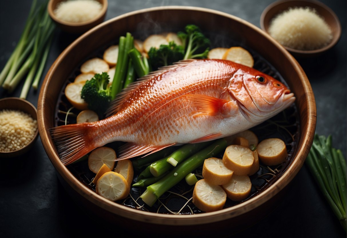 A whole red snapper steaming in a bamboo steamer, surrounded by ginger, scallions, and soy sauce, with steam rising from the dish