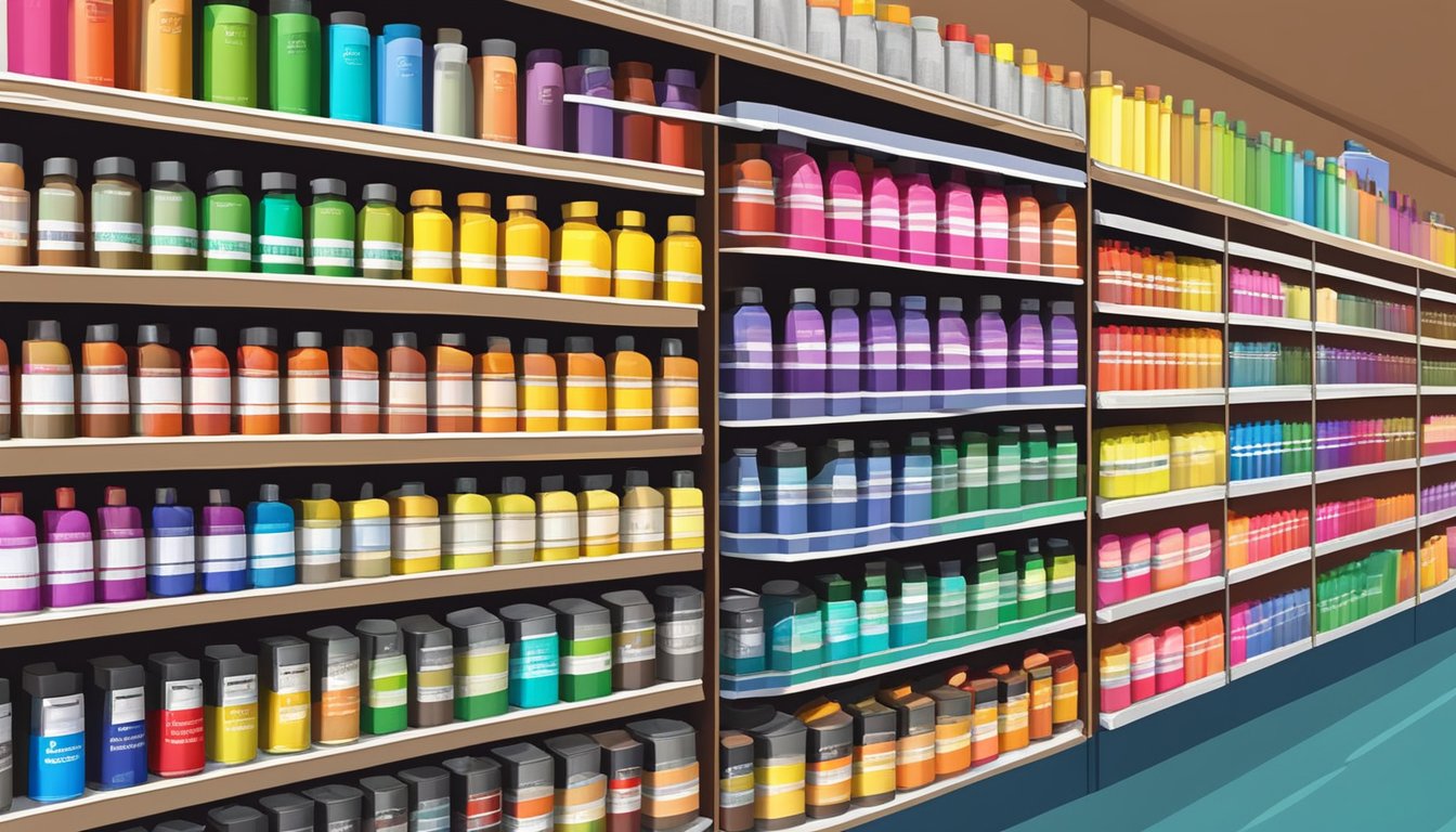 Various paint brands displayed on shelves in an art supply store. Labels and colors are vivid and diverse
