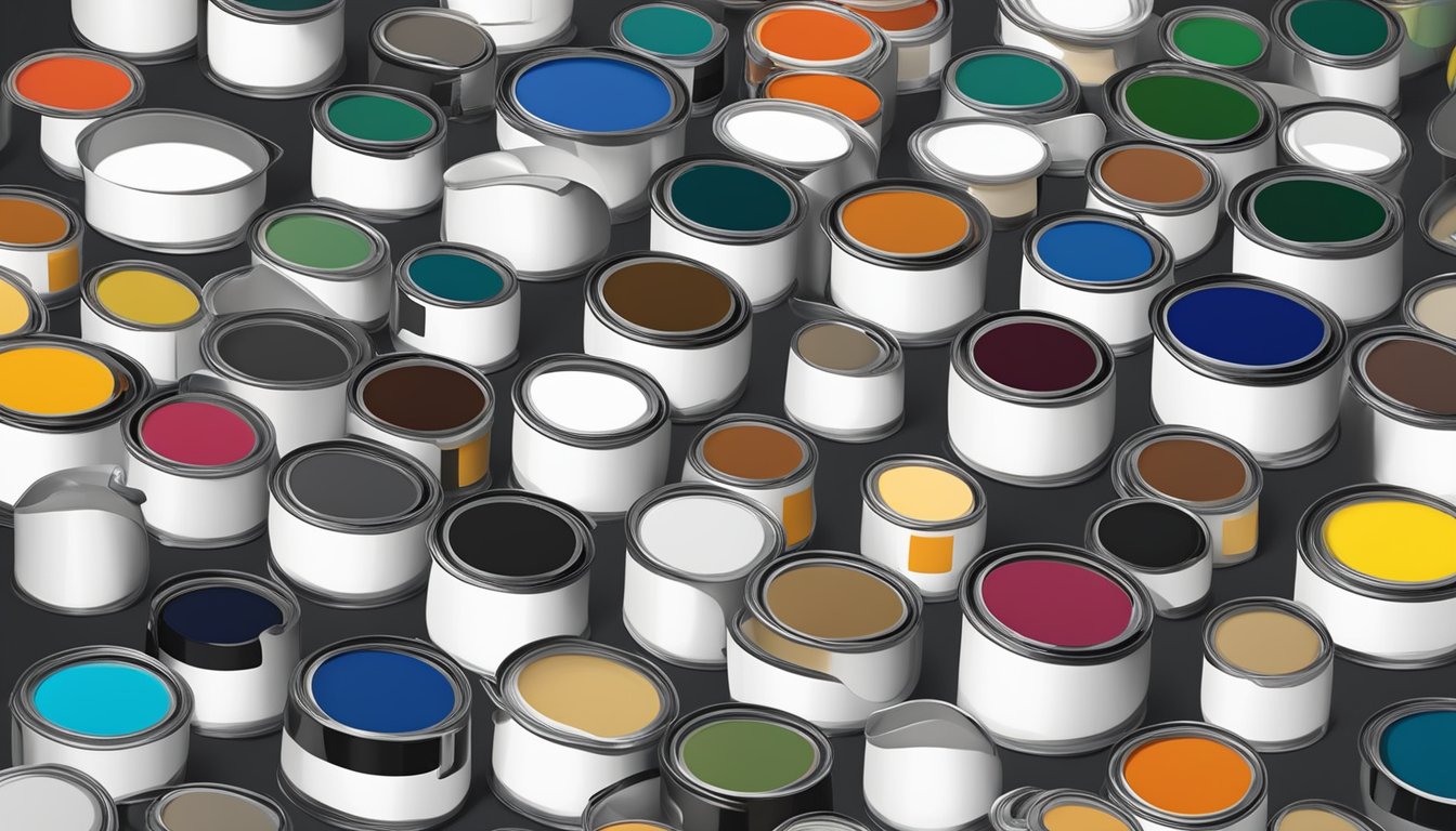 A table with various paint types and brands arranged neatly. Labels and color swatches are visible