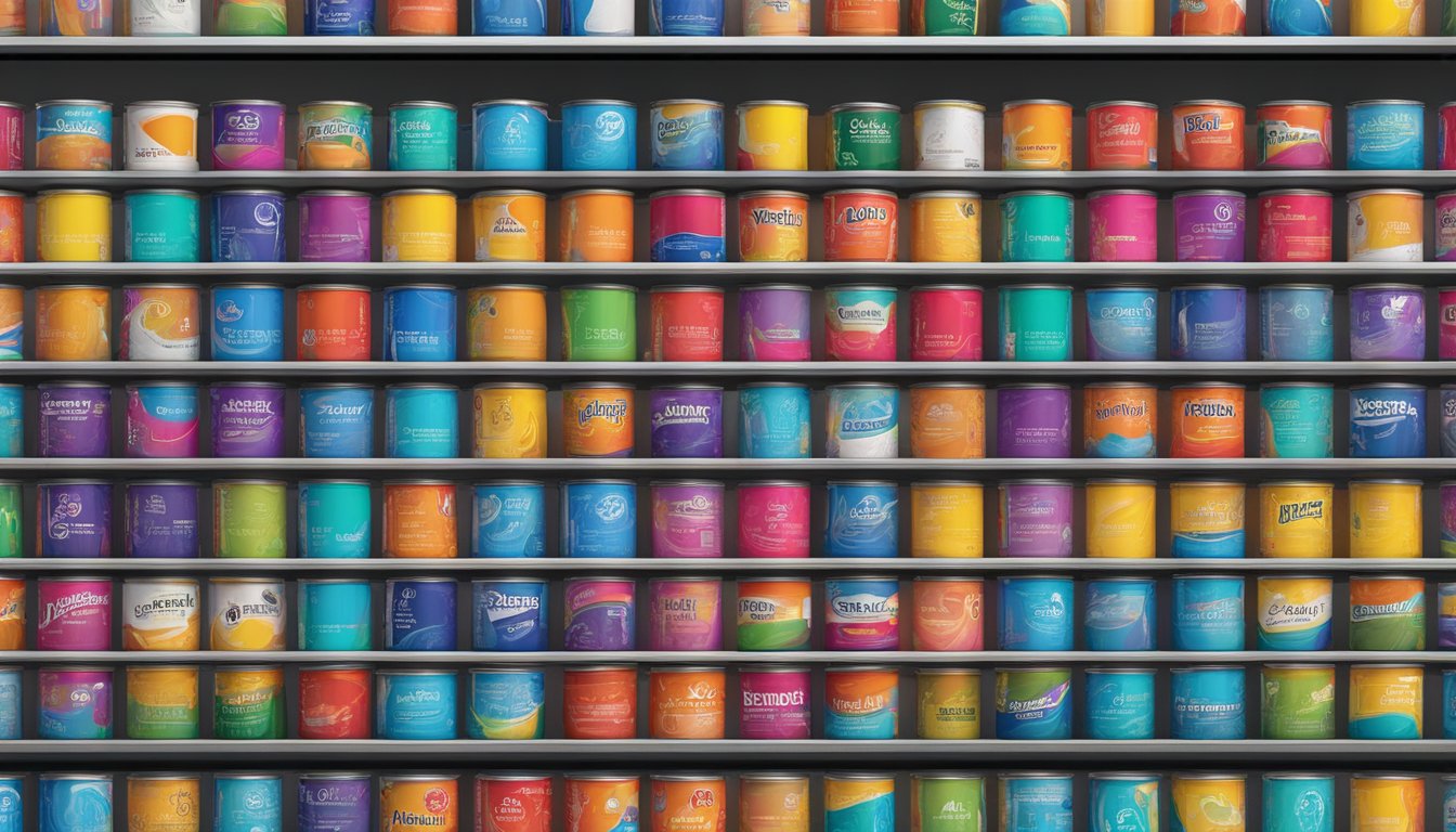 A colorful array of top paint brand cans arranged on a shelf, displaying various vibrant hues and brand logos