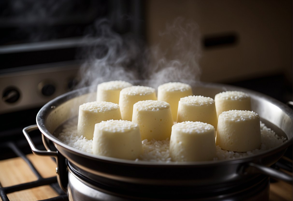 A bamboo steamer sits on a stove, filled with fluffy white rice cake batter. Steam rises from the pot, filling the kitchen with a warm, sweet aroma