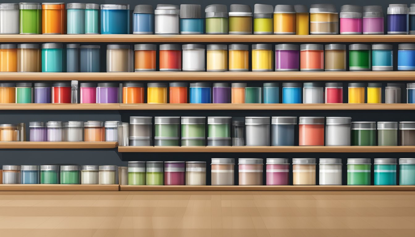 Various paint brands displayed on shelves with color swatches and labels, surrounded by paint cans and brushes