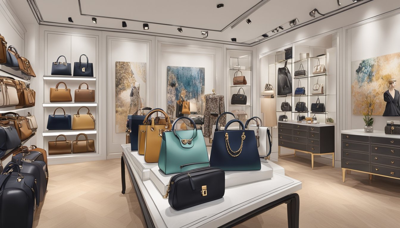 European handbag brands displayed in a high-end boutique, with celebrities' photos and autographs adorning the walls. Paparazzi cameras flash outside