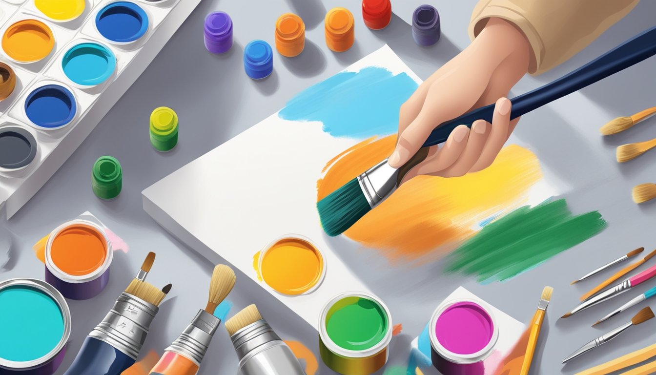 A hand holding a paintbrush, applying vibrant colors onto a blank canvas with various paint brands and design tools in the background