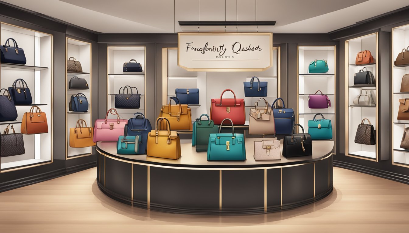 A display of various European handbags with a sign reading "Frequently Asked Questions" in a stylish boutique setting