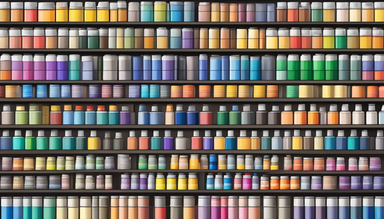 A display of various paint brands stacked on shelves in an art supply store