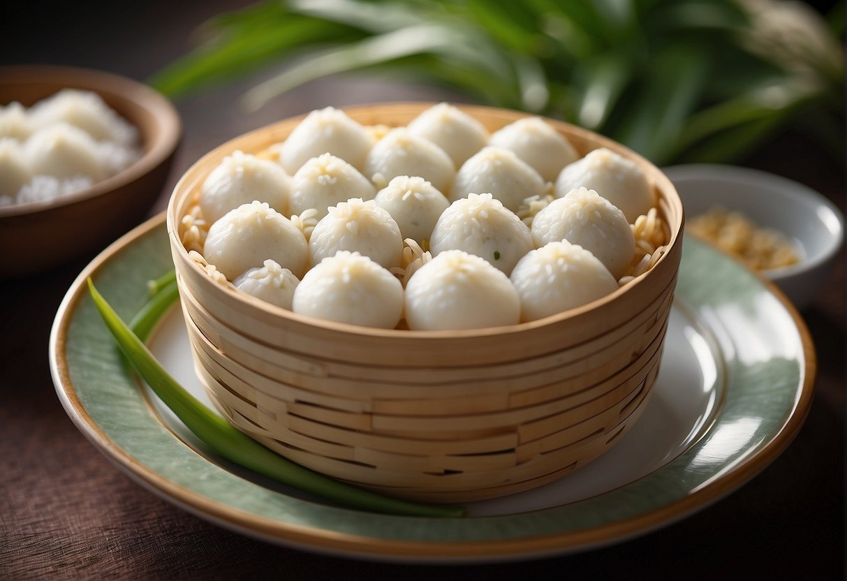 A steaming bamboo basket filled with freshly made Chinese steamed rice cakes, with a plate of nutritional information displayed next to it