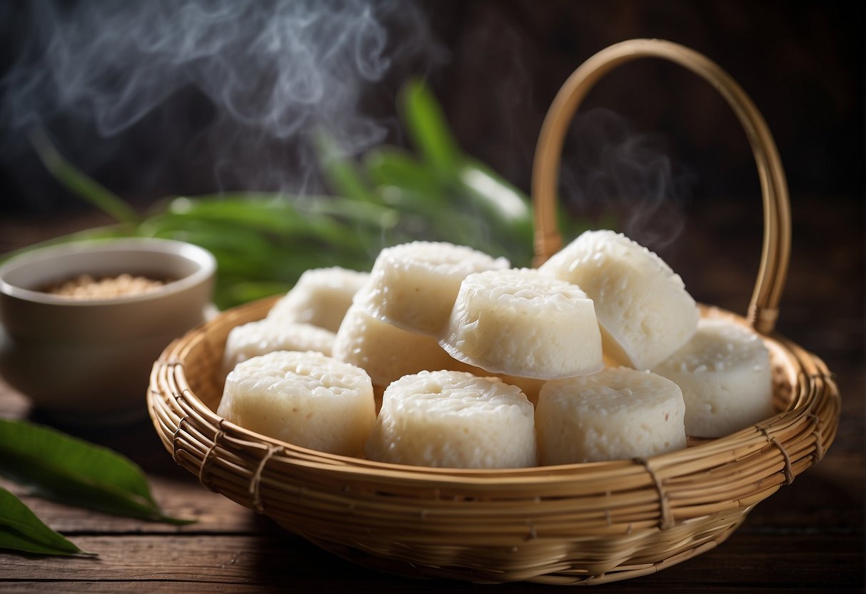 A steaming bamboo basket filled with freshly made Chinese steamed rice cakes, emitting a fragrant aroma, sits on a rustic wooden table