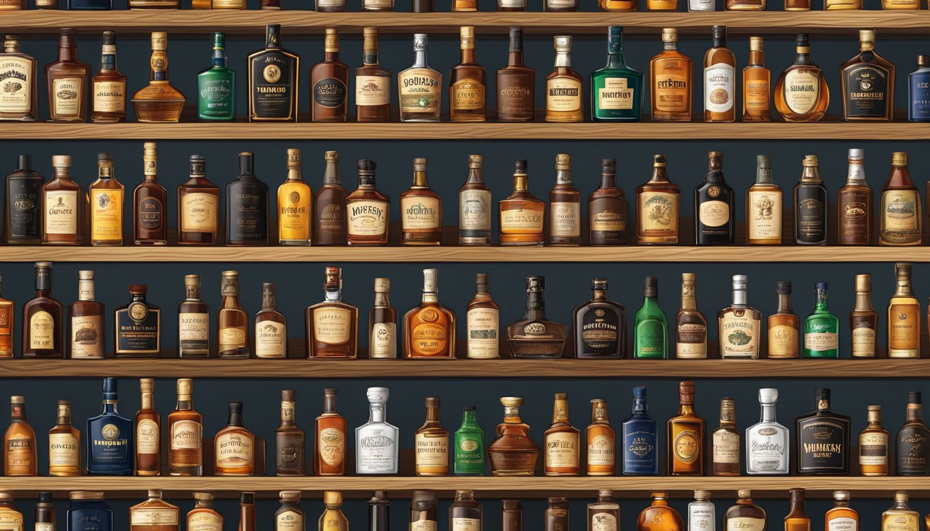 Bottles of famous whiskey brands arranged on a wooden bar shelf