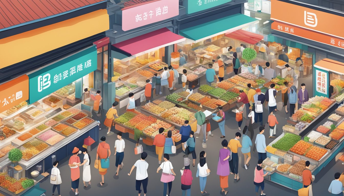 A bustling food market with colorful stalls selling signature dishes and delicacies under the rabbit brand at Lucky Plaza