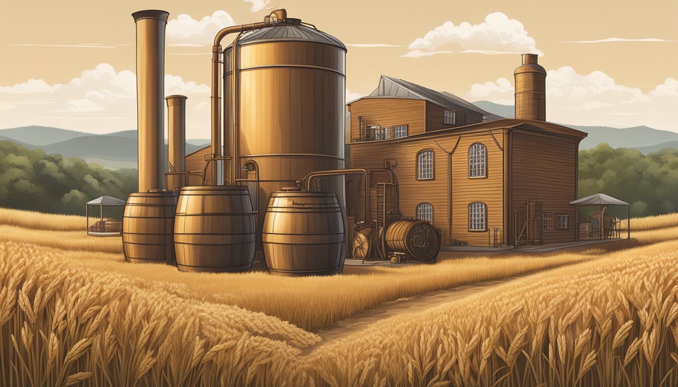 A distillery with copper stills, oak barrels, and a mash tun surrounded by fields of barley and rye