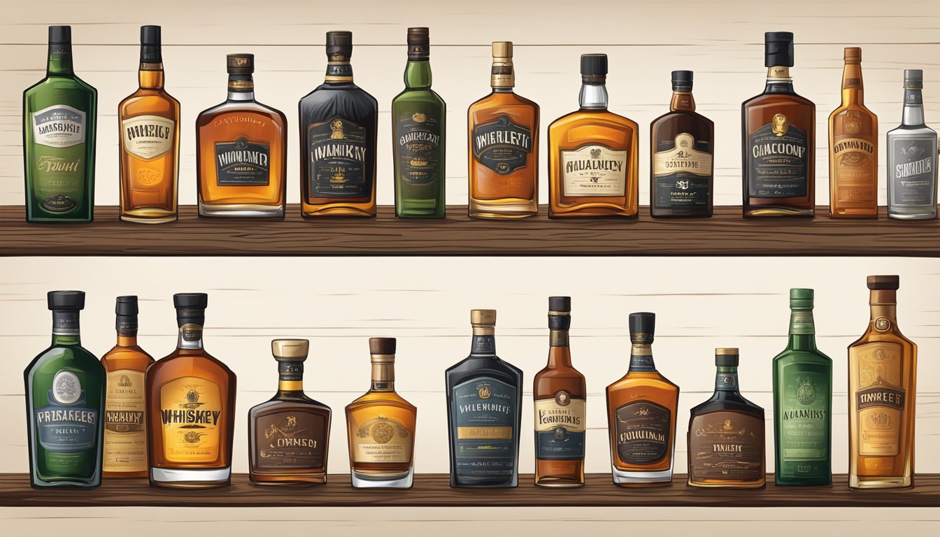 A collection of iconic whiskey bottles arranged on a rustic wooden shelf, with labels prominently displayed
