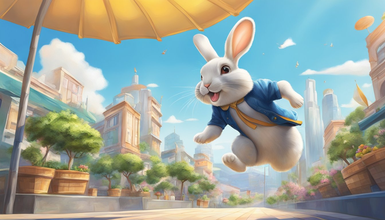 A rabbit hops towards Lucky Plaza under a bright blue sky