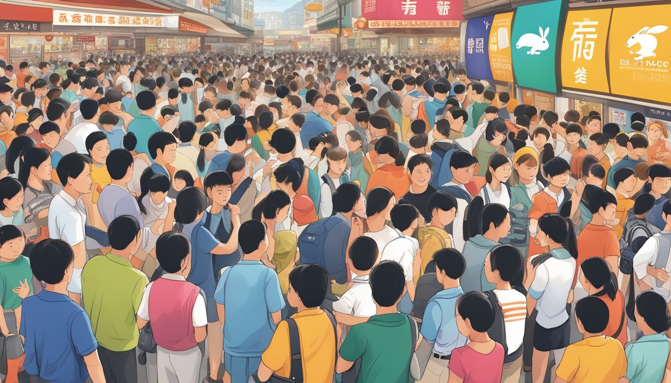 A bustling crowd surrounds a vibrant display of promotional signs and offers for the Rabbit brand at Lucky Plaza
