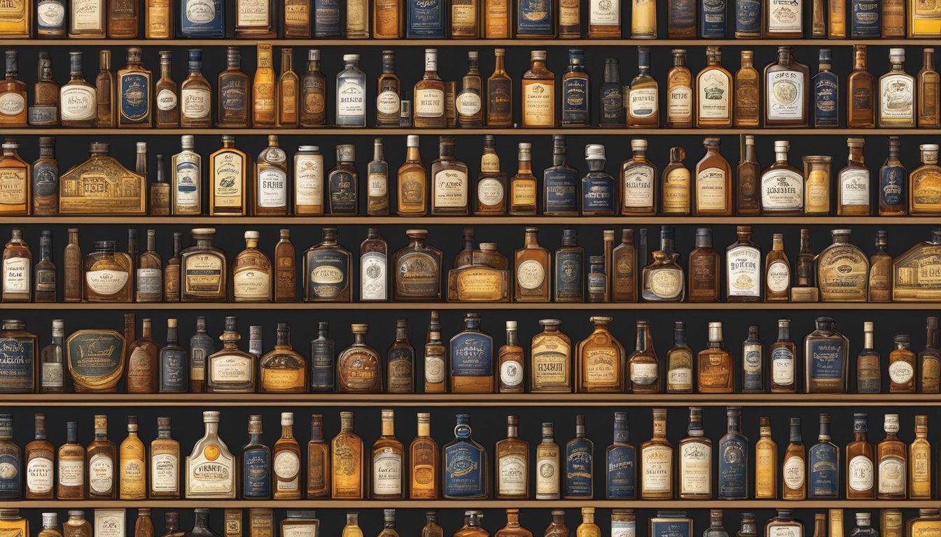 A shelf lined with iconic whiskey bottles, each bearing a distinct label and recognizable logo