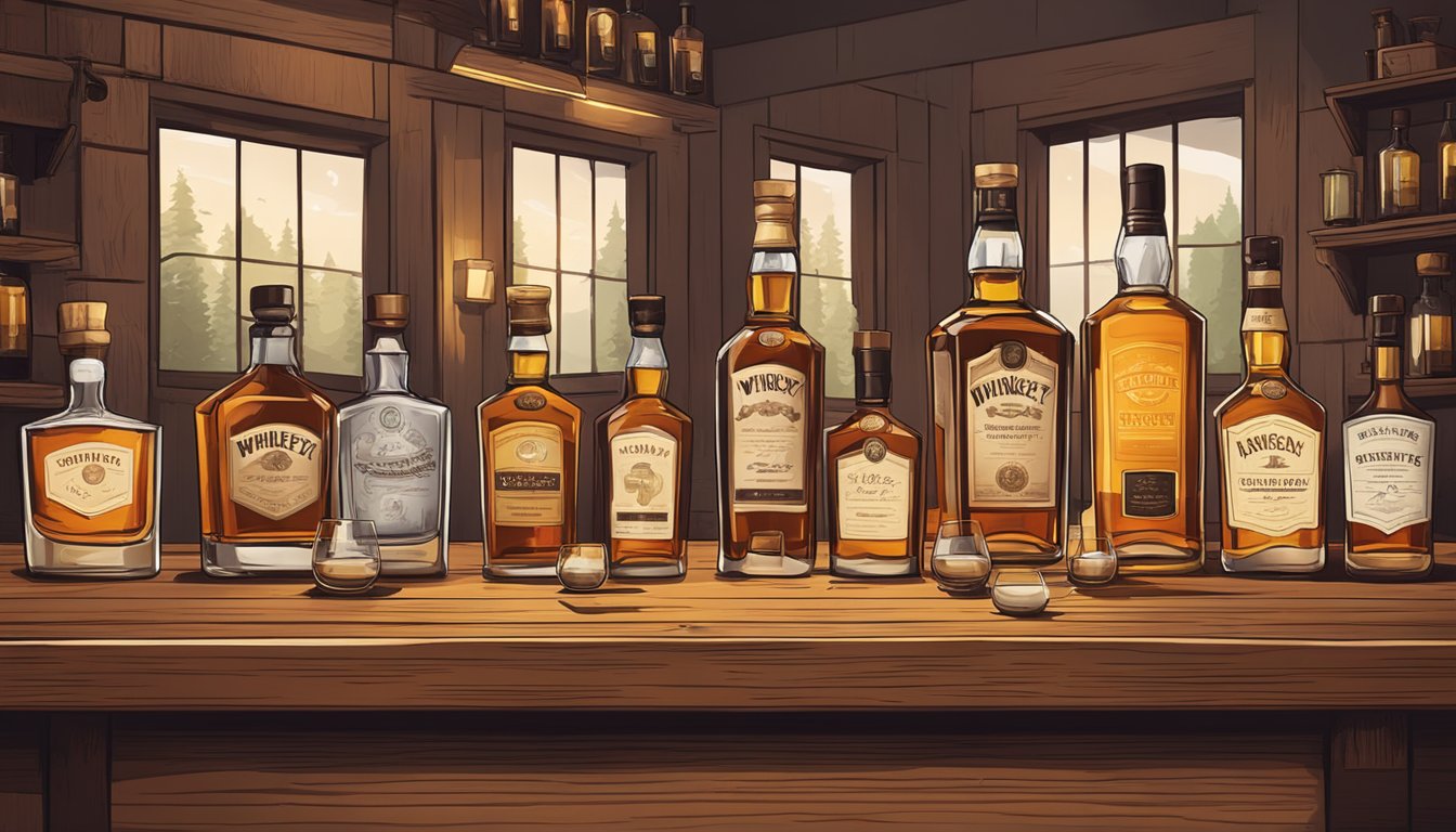 Whiskey bottles lined up on a wooden table, surrounded by glasses and tasting notes. A warm, inviting atmosphere with subtle lighting