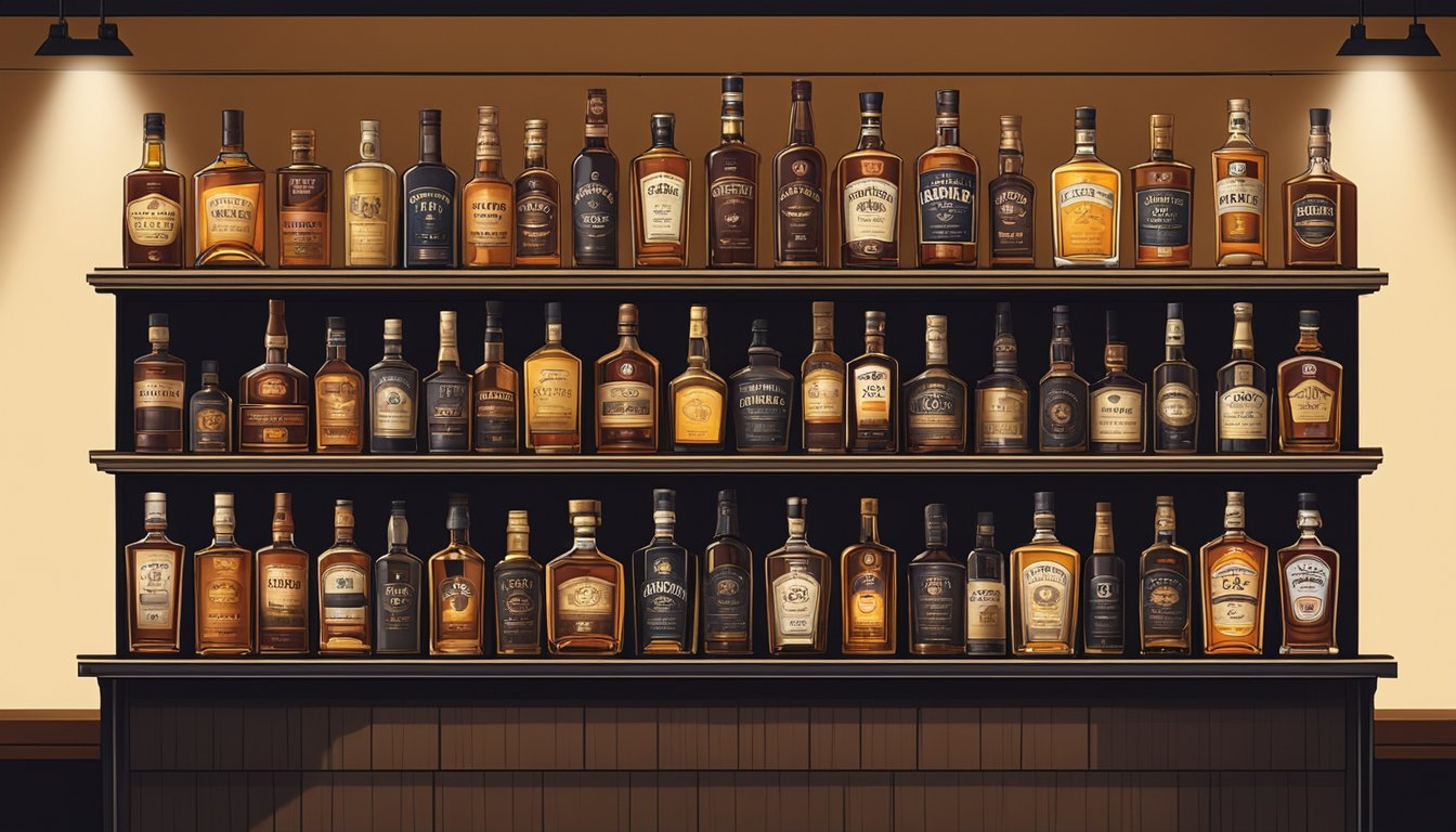 A display of famous whiskey brands in a dimly lit room with shelves lined with bottles and a glowing sign above