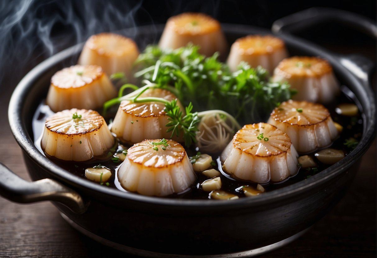 Scallops arranged in a steamer, topped with ginger, garlic, and soy sauce, surrounded by steaming vapor