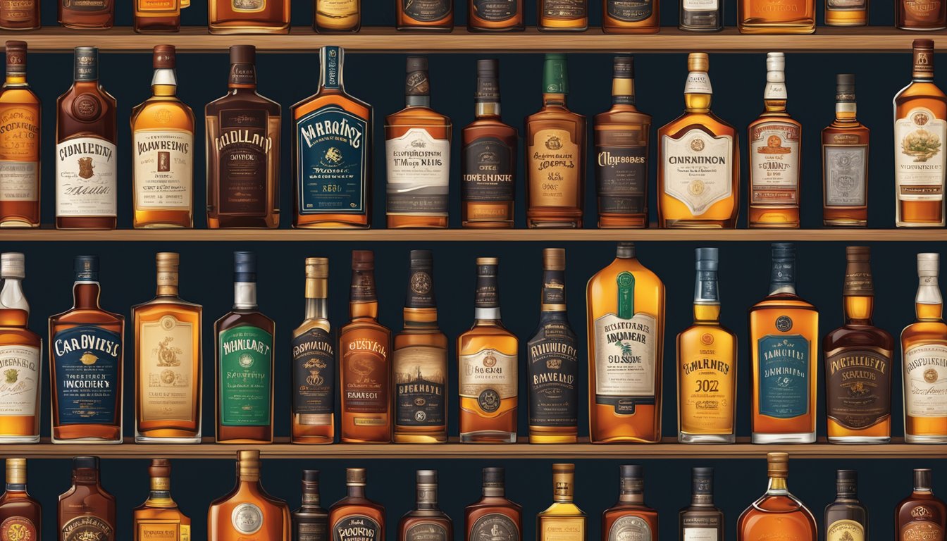 A shelf lined with top whiskey brands' bottles, with a spotlight illuminating the labels