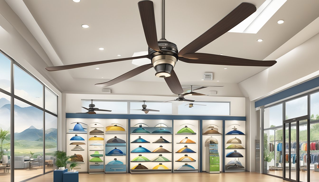 A variety of ceiling fan brands displayed in a well-lit showroom