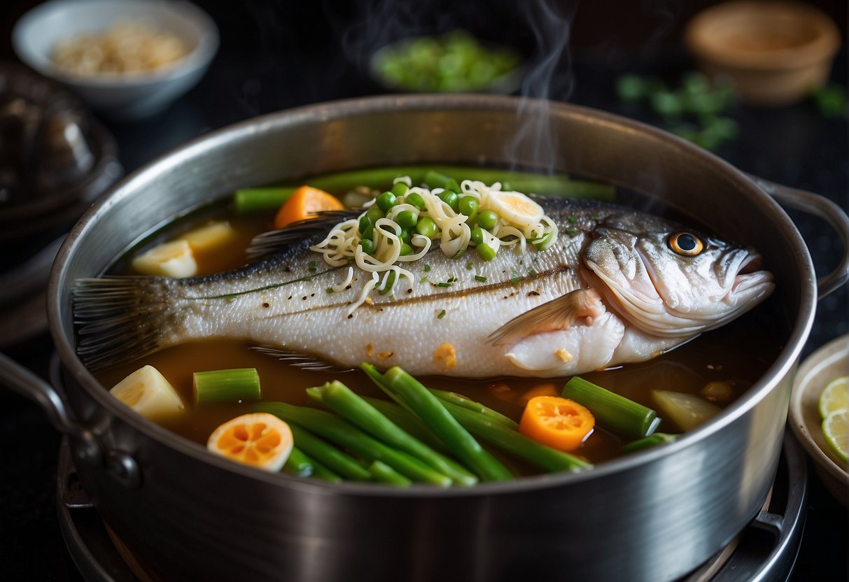 A whole sea bass steaming in a bamboo steamer with ginger, scallions, and soy sauce. The steam rising from the fish as it cooks