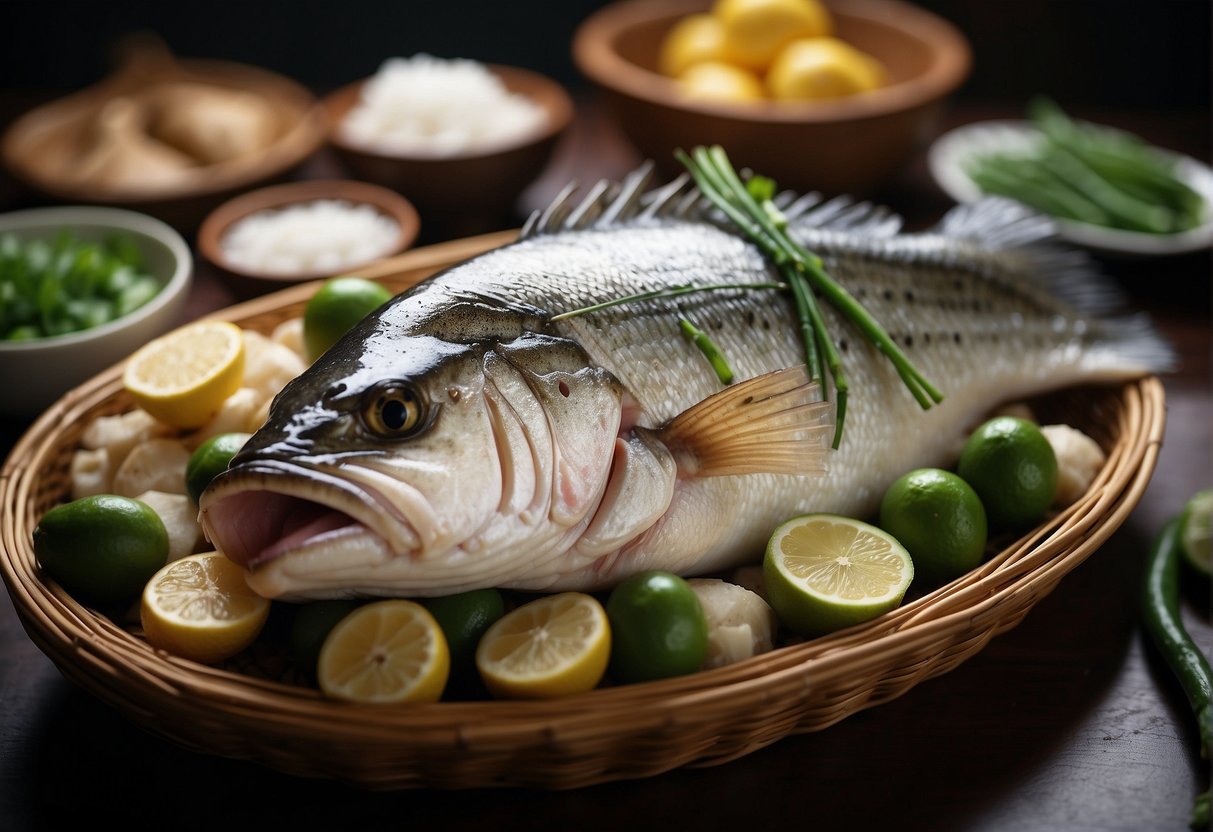 A whole sea bass resting on a bed of ginger and scallions, surrounded by a steaming basket and traditional Chinese serving dishes